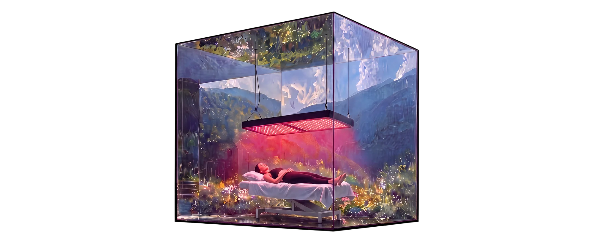 A longevity clinic treatment room enclosed in a glass vitrine, a member resting under a red-light therapy panel.